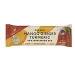 Ceres Organic Mango Ginger Turmeric Bar showing the packaged snack with fresh mango, ginger, and turmeric ingredients.