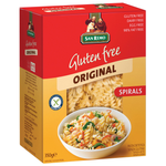 San Remo gluten-free spirals pasta in a clear bowl, showcasing the healthy, curly pasta shape on a white background.