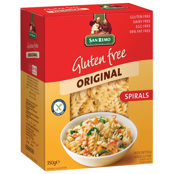 San Remo gluten-free spirals pasta in a clear bowl, showcasing the healthy, curly pasta shape on a white background.