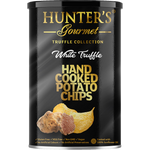 Hunter's White Truffle Potato Chips, savory confectionery snack with crispy chips and white truffle flavor, close-up view.
