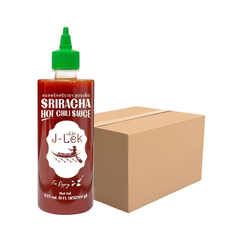 J-LEK Sriracha Chili Sauce bottle showing red chili sauce in a clear glass bottle, packaged in a 260g jar, set of 12 bottles.
