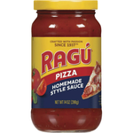Jar of Ragu Homemade Pizza Sauce with a label, showcasing rich tomato sauce in a glass jar for homemade pizza recipes.