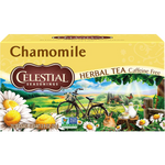 Celestial Seasonings Chamomile Tea caffeine-free drink in a tea bag, with chamomile flowers and tea leaves visible.