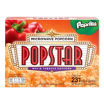 Popstar Microwave Paprika confectionery snack in colorful packaging, ready to enjoy as a spicy, savory treat.