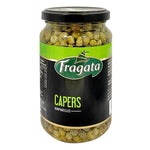 Fragata Capers in brine jar, showcasing small green capers submerged in brine, ready for culinary use.