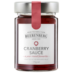 Jar of Beerenberg Cranberry Sauce with fresh cranberries and sauce visible in a glass jar for grocery use.