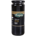 Two jars of Fragata pitted Spanish black olives in a grocery store setting, showcasing the product label and olives inside