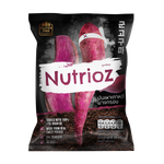 Nutrioz Smoke Roasted Sweet Potato Chips, crunchy confectionery snacks with a smoky roasted flavor, shown in a close-up image.