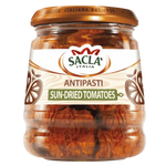 Sacla Sun Dried Tomatoes in a jar, showcasing vibrant red, slightly wrinkled sun-dried tomatoes for cooking or snacking.