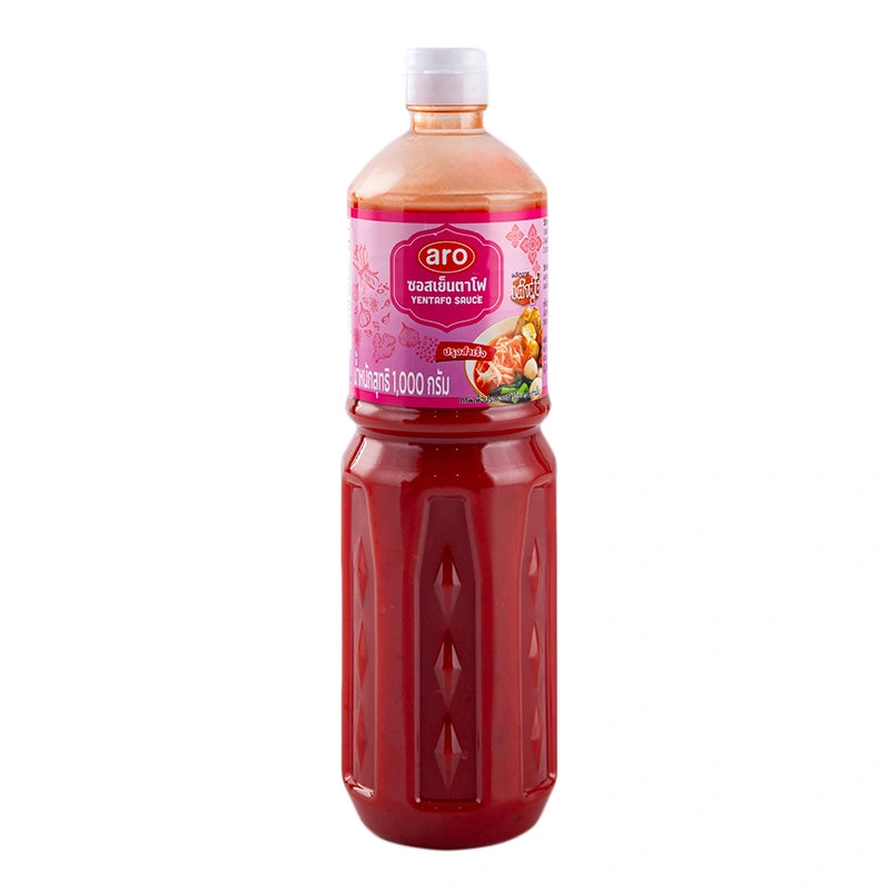 ARO Yentafo Sauce 1 Kg bottle, bright red condiment with a smooth texture, used for flavorful Thai-style seafood and noodle dishes.