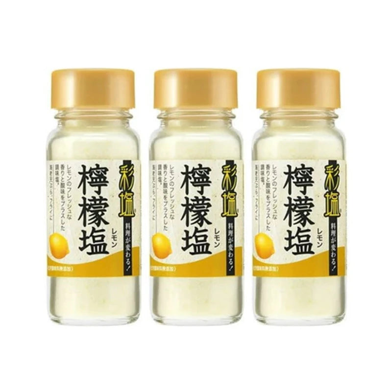 NIHON SEIEN Lemon Seasoning roasted salt with lemon juice powder and yeast extract, 78g bottles, Japanese citrus flavor.