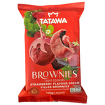Tatawa Strawberry Flavour Cream Filled Brownies, soft confectionery snacks with strawberry cream filling and chocolate brownie exterior.