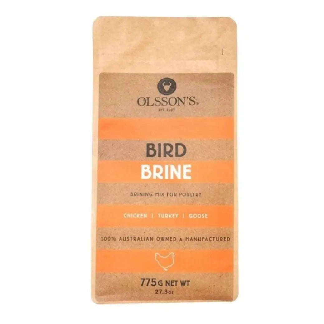 OLSSON'S Bird Brine Salt 775g jar with white label and screw-top lid, used for seasoning and brining poultry and birds