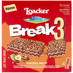 Loacker Break3 Hazelnut confectionery snack with layered crispy wafers and creamy hazelnut filling, displayed in the image.