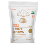 Good Sugaaar light brown muscovado sugar in a grocery package, showing the textured, moist sugar crystals.