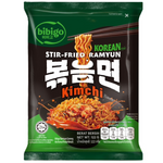 Bibigo Stir Fried Kimchi Ramyun in a bowl with noodles, vegetables, and spicy kimchi sauce, ready to serve.