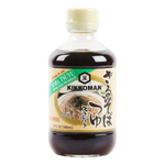 Kikkoman Soba Tsuyu Sauce bottle, Japanese soy-based dipping sauce for soba noodles, with label and cap visible.