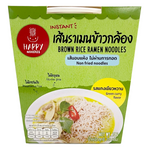 Happy Noodles Instant Brown Rice Ramen with Green Curry flavor in a savory, ready-to-eat grocery product.