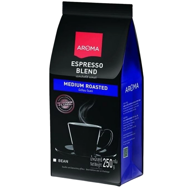Aroma Coffee Espresso drink in a clear glass, showcasing rich dark coffee with a layer of crema on top.