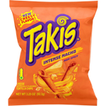 Spicy Takis Intense Nacho Chips in a colorful bag, showcasing the crunchy snack with fiery flavor and bold red and yellow packaging.