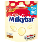 Nestle Milkybar white chocolate sharing bag featuring creamy white chocolate pieces in a colorful plastic bag.