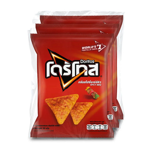 DORITOS Spicy BBQ corn tortilla chips in a 50g bag, arranged in a row with colorful spicy BBQ flavor packaging.