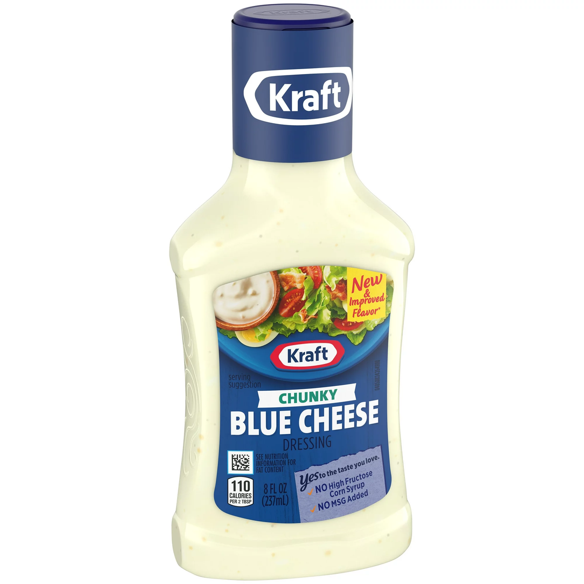 Kraft Chunky Blue Cheese Dressing in a jar with visible blue cheese chunks and creamy texture for salads or dipping.