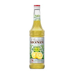 Monin Rantcho Lemon Syrup 700ml bottle, clear liquid in a transparent plastic container, designed for dry grocery use.