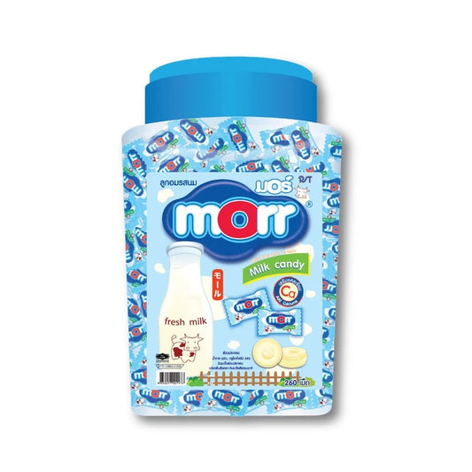MORR Milk Candy in a 796.5g bag, showing 295 pieces of creamy, white milk candies arranged in a pile.