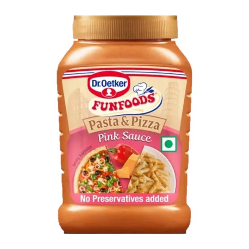 Dr. Oetker Pasta & Pizza Pink Sauce 295g jar, creamy tomato and cheese sauce for pasta and pizza dishes.