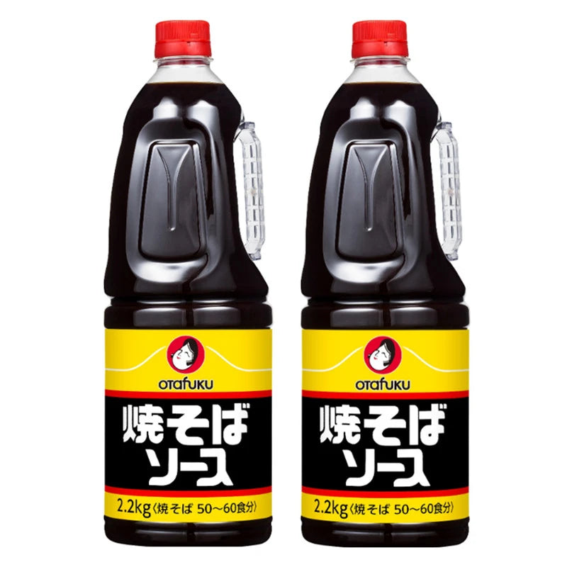 OTAFUKU Yakisoba Sauce in 2.2 kg bottles, Japanese-made, with rich, savory sauce for authentic stir-fried noodles.