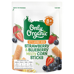 Only Organic strawberry and blueberry melty corn sticks, colorful confectionery snacks with fruity flavors and crunchy texture.