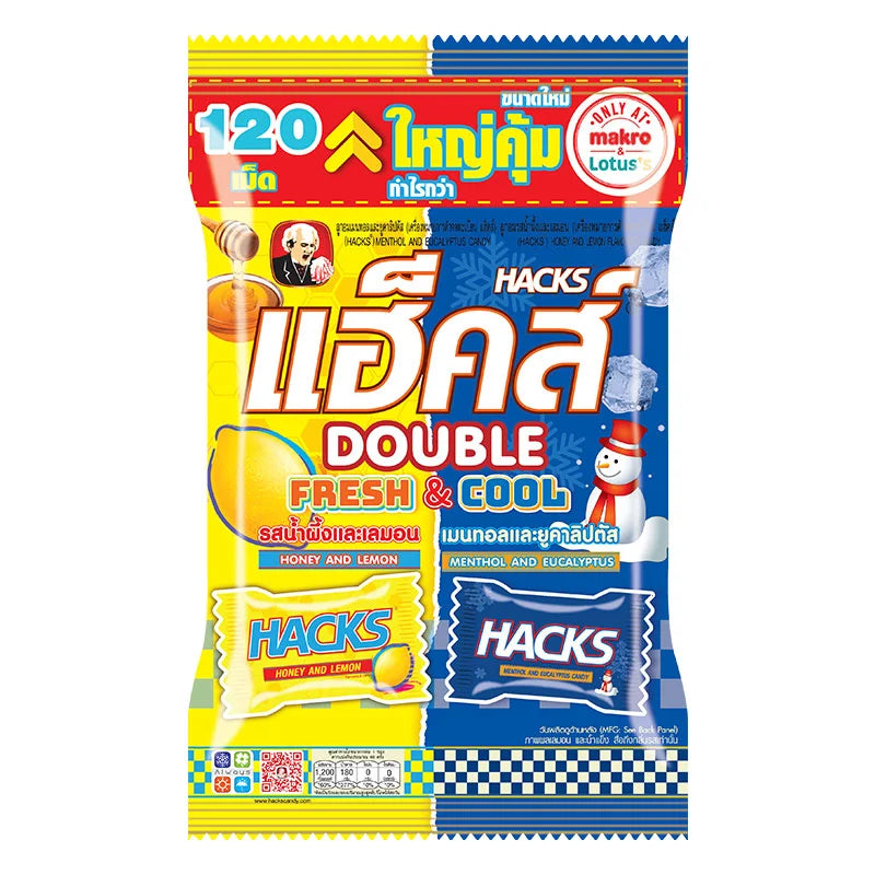 HACKS Fresh and Cool Candy pack with 120 pieces, colorful assorted candies in clear plastic bag.