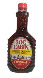 Log Cabin Syrup bottle with label, golden syrup inside, suitable for breakfast and pancakes, grocery product.