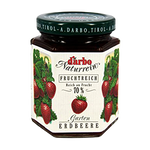 D'Arbo Erdbeere Strawberry Jam jar with red fruit spread and label, showcasing fresh strawberries and packaging.