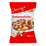 Jeden Tag Studentenfutter confectionery snack with mixed nuts, dried fruits, and chocolate pieces in a colorful packet.