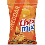 Cheddar-flavored Chex Mix snack by General Mills with crunchy cereal pieces and a cheesy coating.