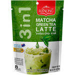 Ranong Tea Matcha Green Latte 3-in-1 drink mix in a packet, featuring green tea, matcha powder, and latte ingredients.