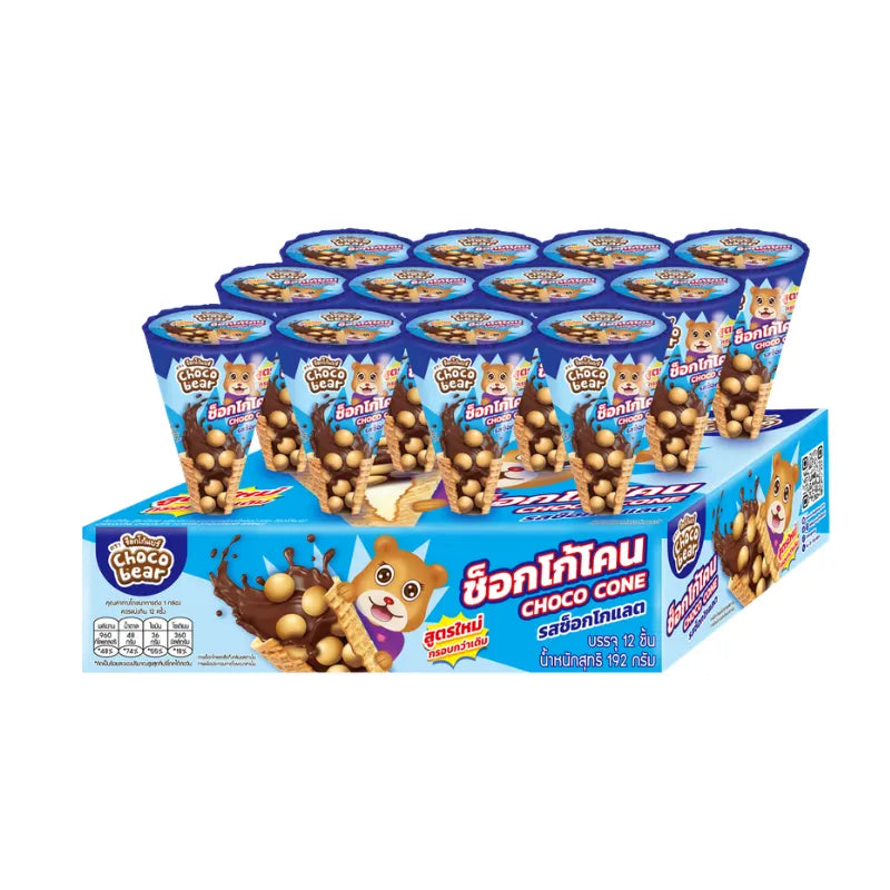 Choco Bear Chococone chocolate flavor snack pack, 16g x 12 pieces, featuring crispy cone-shaped snacks with chocolate coating.