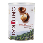 Doi Tung salted macadamia nuts, confectionery snack with roasted macadamias coated in salted flavor, in a clear package.