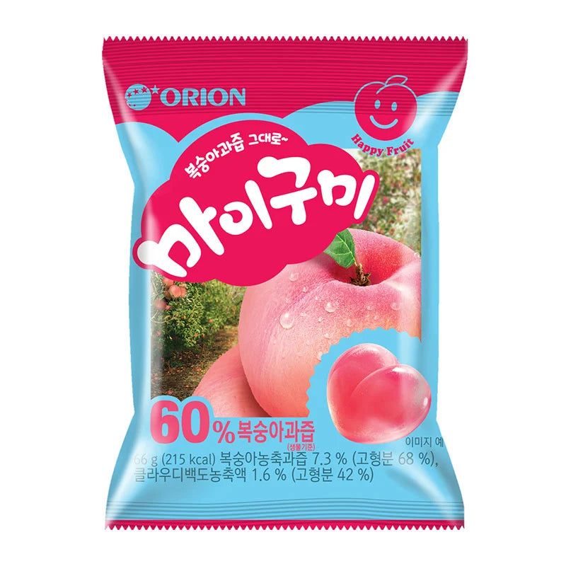 Orion Gummy Peach Jelly Candy 66g, colorful peach-shaped gummy candies on a white background.