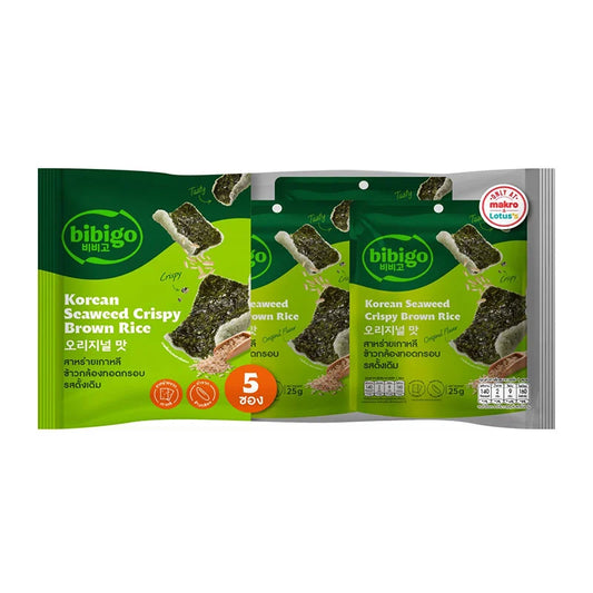 BIBIGO Seaweed Crispy Brown Rice snack in 125g package, featuring crunchy brown rice with seaweed flavor.