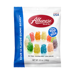 Albanese Sour 12 Flavor Gummi Bears in a clear bowl, colorful confectionery snacks with assorted fruit flavors and chewy texture