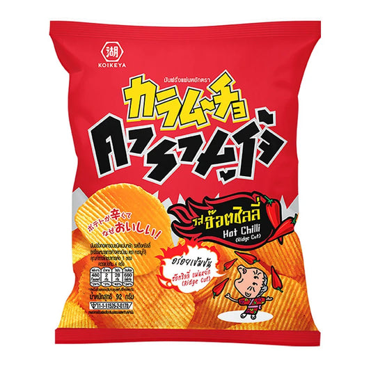 KARAMUCHO Ridge Cut Hot Chili Potato Chips in 86g bag, crispy snack with spicy hot chili flavor and ridged texture.