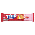 Tigo Sandwich Cookies with cream and strawberry flavor, showing the packaged confectionery snack with cookies and filling.