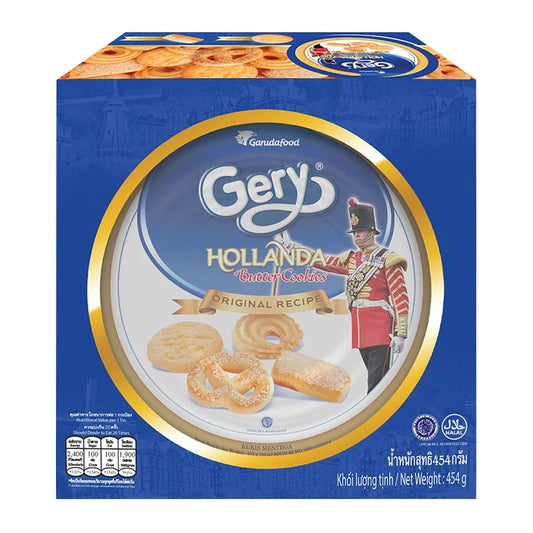 Golden GERY Hollanda cookies in a 454g package, showing crisp, buttery cookies with a classic Dutch-style appearance.