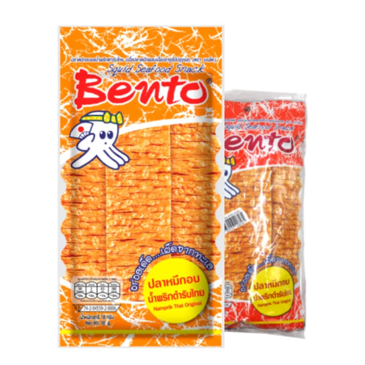 BENTO Roast Squid Namprik Thai snack, 18g pack, featuring crispy roasted squid for savory Thai flavor.