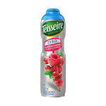 Teisseire sugar-free raspberry cranberry flavored syrup bottle for drinks, dry grocery product with vibrant label design.