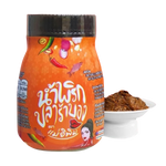 Mea E Pim fermented fish chili paste in a jar, showcasing the vibrant red chili and fermented fish ingredients.