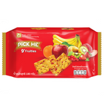 Pick Me 9 Fruities Biscuit, colorful confectionery snack with fruity-flavored biscuits and vibrant packaging.